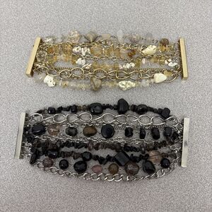 Jewelry Lot Of 2 Magnetic Multi Strand 8” Bracelets,  Black-Silver, Gold-Beige